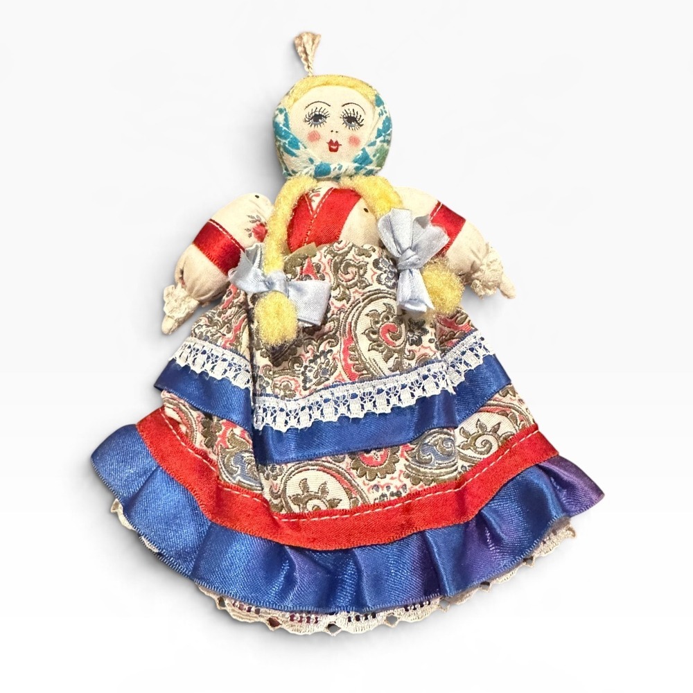 Vintage Handmade Cloth Folk Doll Hand Painted Face Paisley Lace Tiered Skirt 8"